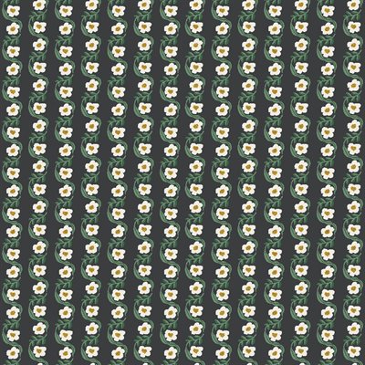 Pattern of small white flowers with green leaves on a dark green background