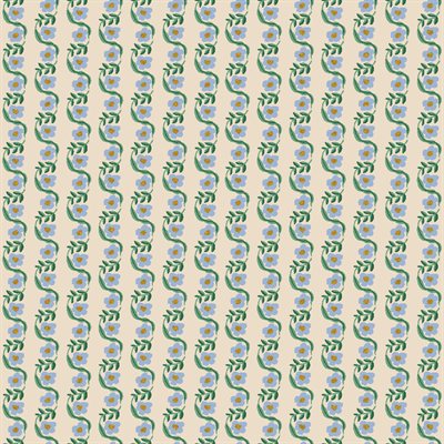 Pattern of green leaves and blue flowers on a beige background