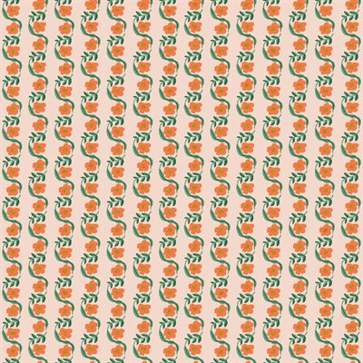 Pattern of orange flowers with green leaves on a light pink background