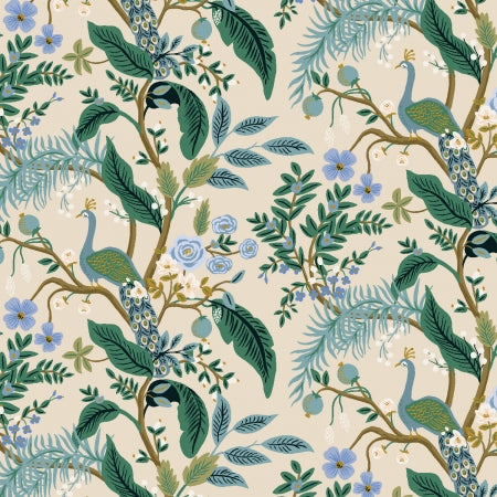 Pattern of peacocks and floral elements on a beige background