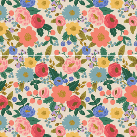 Floral pattern with pink, blue, and yellow flowers on a beige background