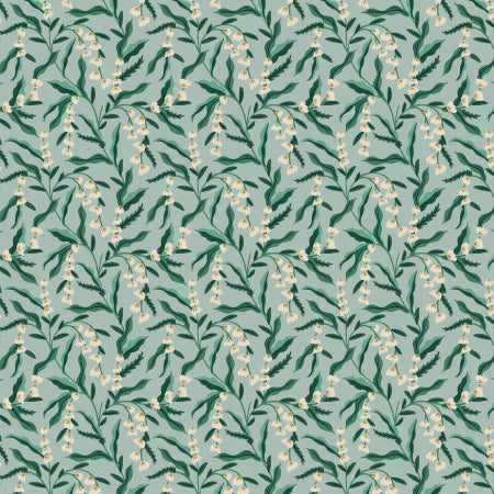 Pattern of green leaves and yellow flowers on a light blue background