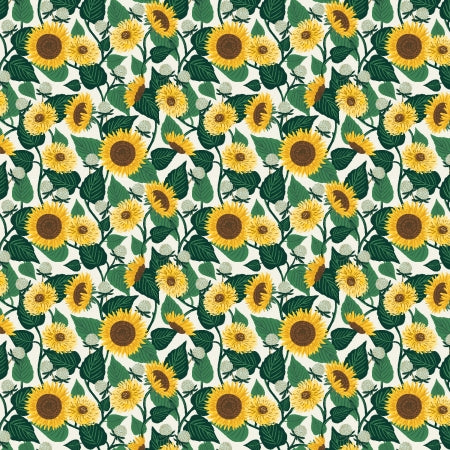 Pattern of sunflowers and green leaves on a white background