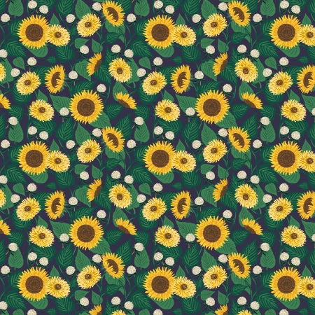 Pattern of sunflowers and white flowers on a dark green background