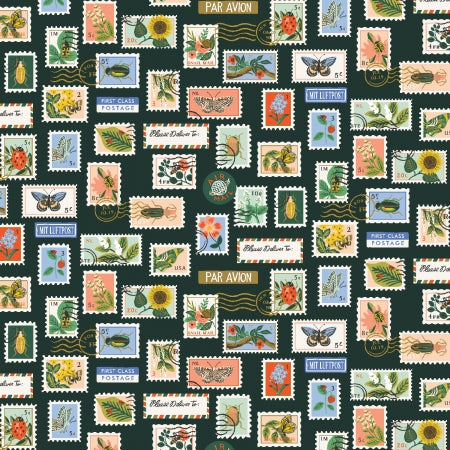 Pattern of vintage postage stamps with various designs on a dark green background.