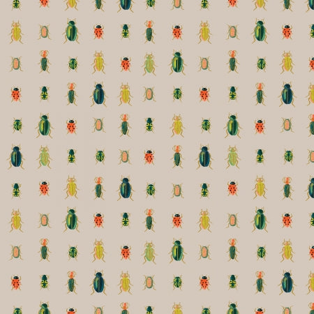 Pattern of colorful beetles on a beige background