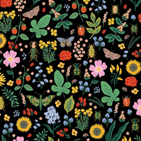 Colorful floral and insect pattern on a black background