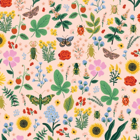 Pattern of flowers, leaves, and insects on a pink background