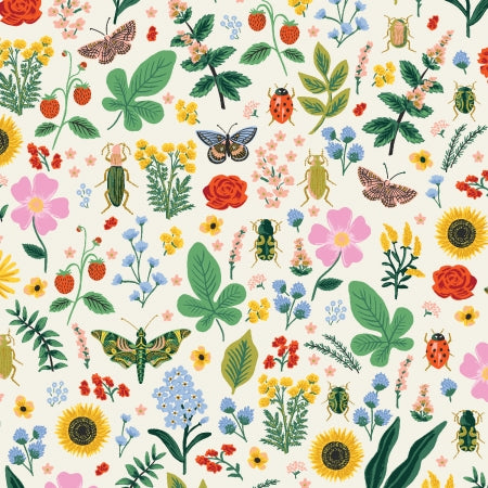 Pattern of various flowers, leaves, and insects on a white background