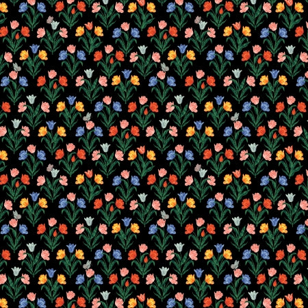 Pattern of colorful flowers on a black background