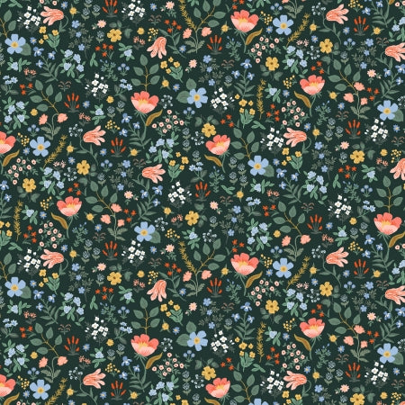 Pattern of colorful flowers on a dark green background