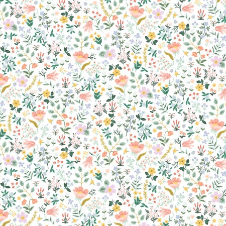 Pattern of small flowers and leaves on a white background