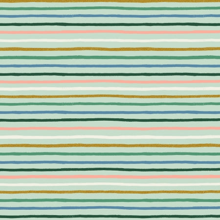 Pattern of multicolored horizontal stripes on a light green background