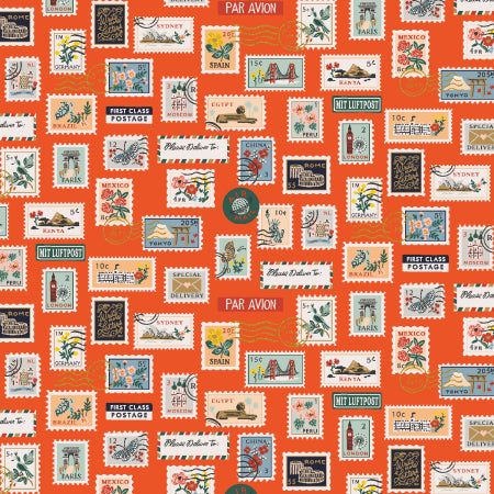 Rifle Paper Co. Bon Voyage Postage Stamps Red Metallic - SALE $8/metre CAD