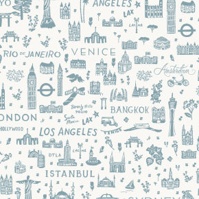 Rifle Paper Co. Bon Voyage World Traveller Silhouette Blue - SALE $8/metre CAD