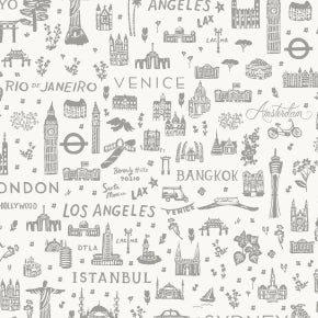 Rifle Paper Co. Bon Voyage World Traveller Silhouette Grey - SALE $8/metre CAD