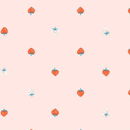 Pattern of strawberries and flowers on a pink background 