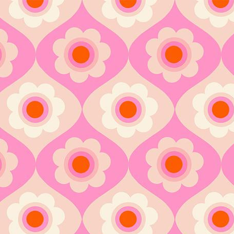 Patterned fabric with flowers and geometric shapes on a pink background