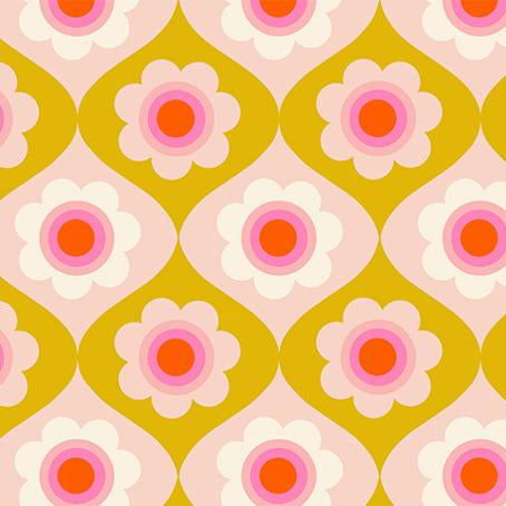 Patterned fabric with flowers on a yellow and pink background