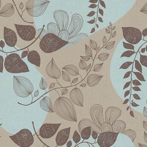 Botanical design in dark taupe linework over a background of light blue and taupe