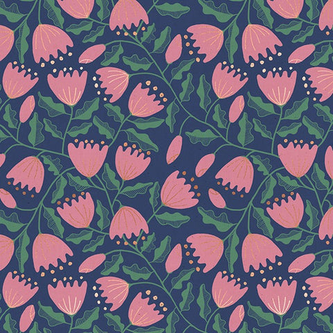 Pink flowers and green vines on a navy blue background