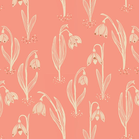 Cream linework snowdrops with metallic copper highlights on a warm pink background